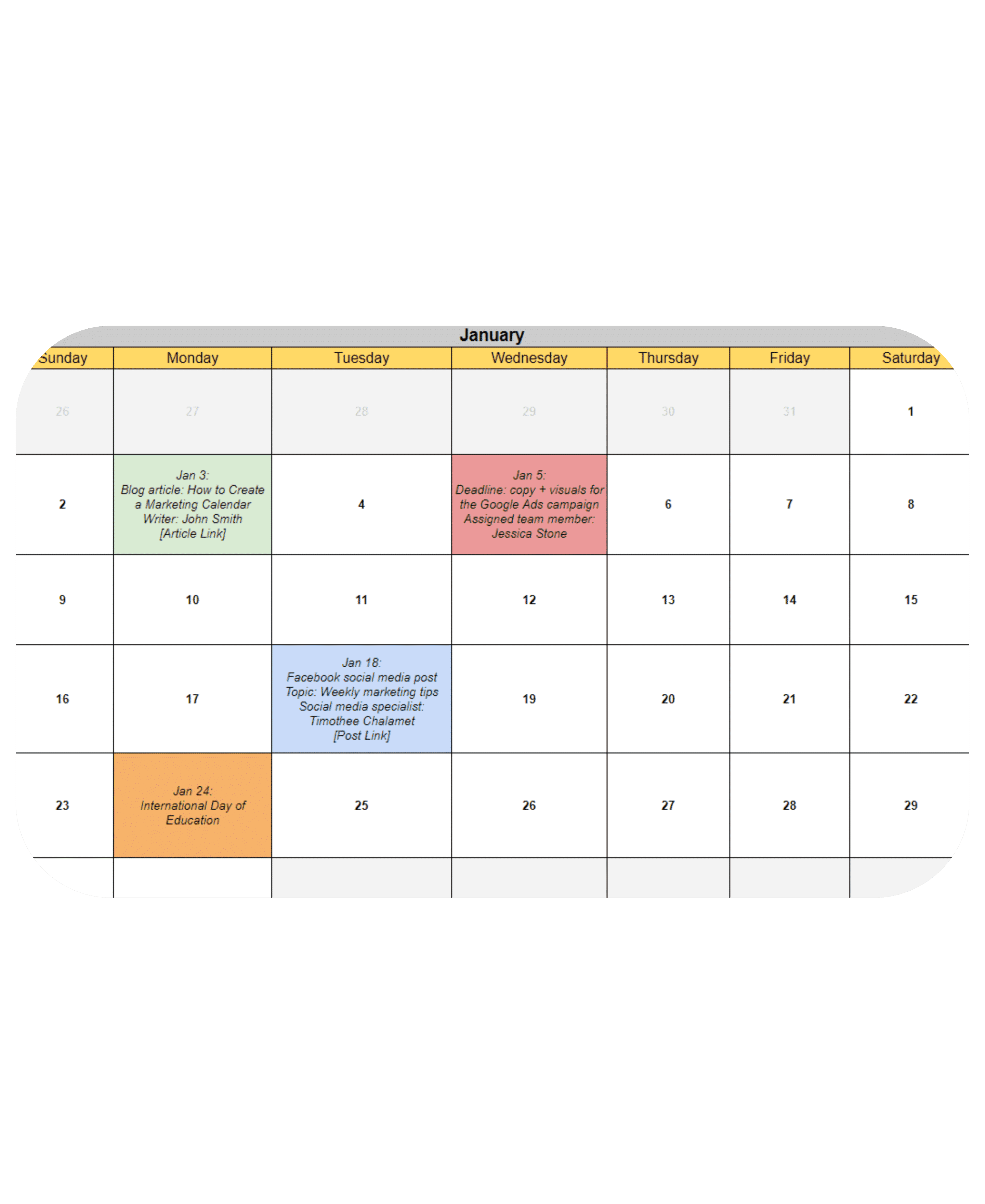marketing calendar template