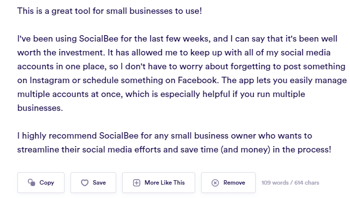 SocialBee review generated with Copy.ai